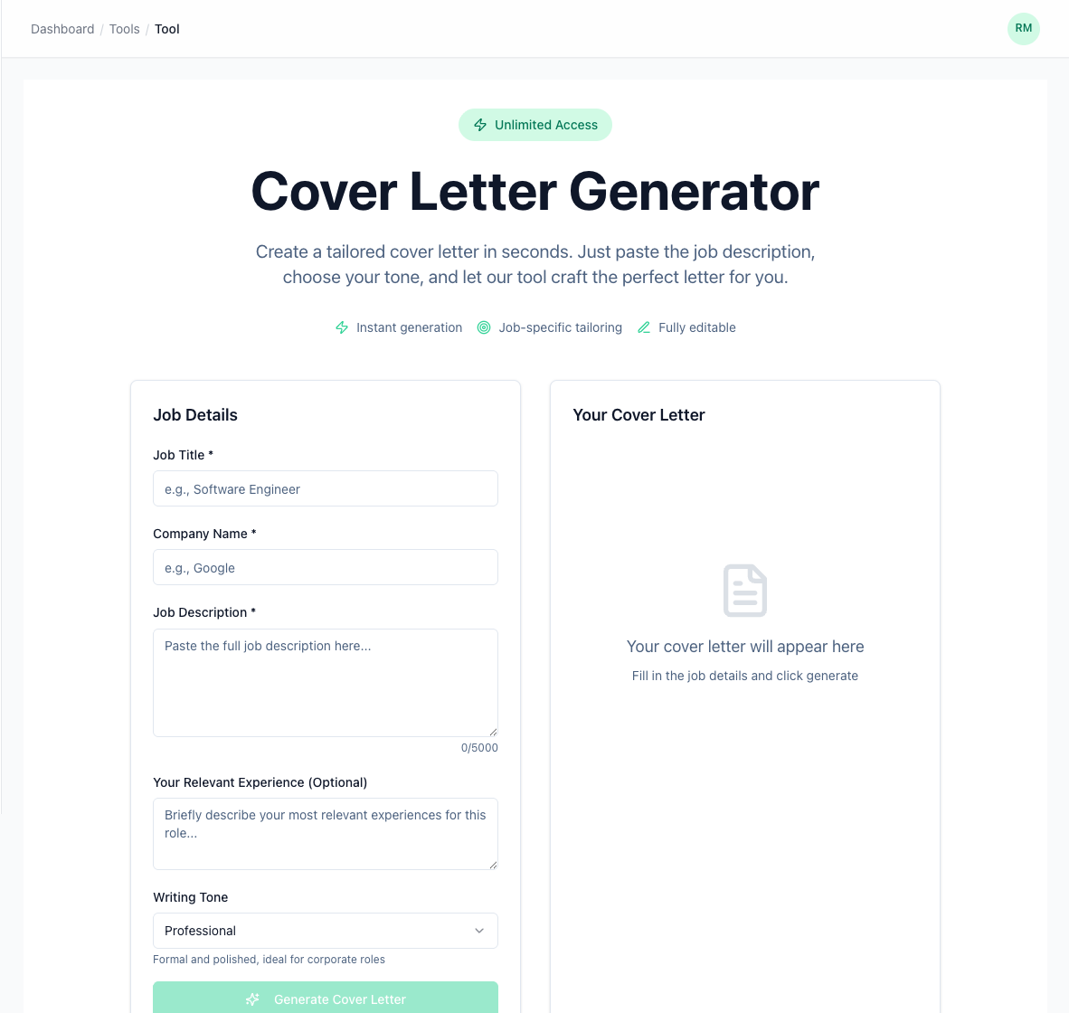 The Cover Letter Generator with the job title, company, and job description filled in for a Senior Product Manager role at Stripe.