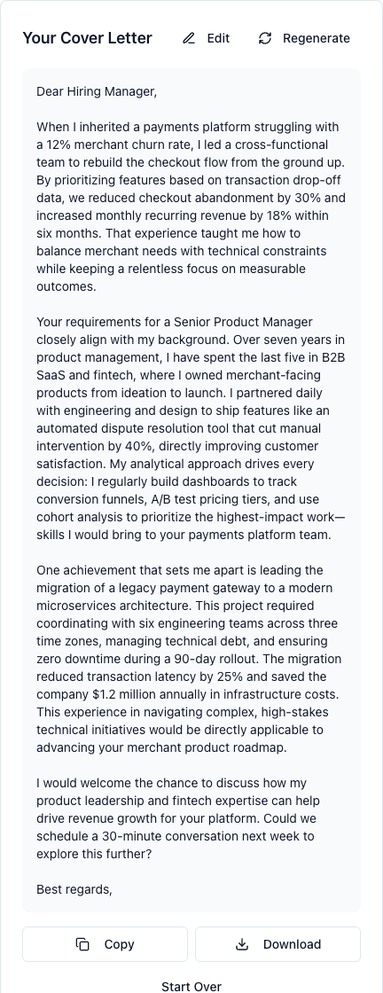 A generated, editable cover letter for the Senior Product Manager role, with Edit, Regenerate, Copy, and Download controls.