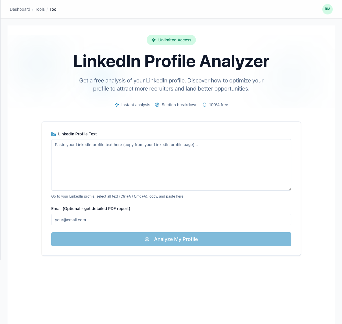 The LinkedIn Profile Analyzer with a product manager's profile text pasted in, ready to analyze.