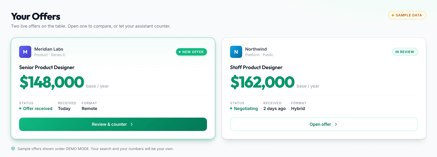 An OfferPath offers screen: two written offers on the table at $148,000 and $162,000 with status and review-and-counter actions.